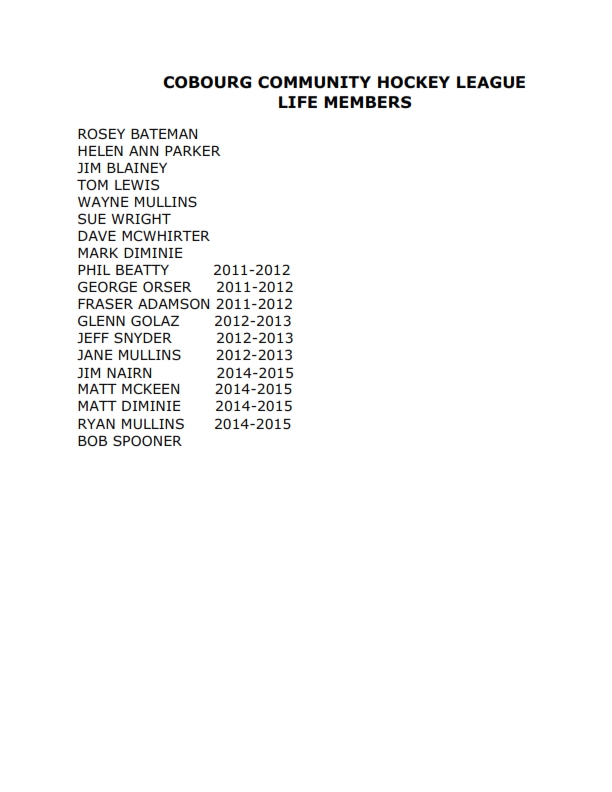T&P-25a Cobourg Community Hockey League - Life members