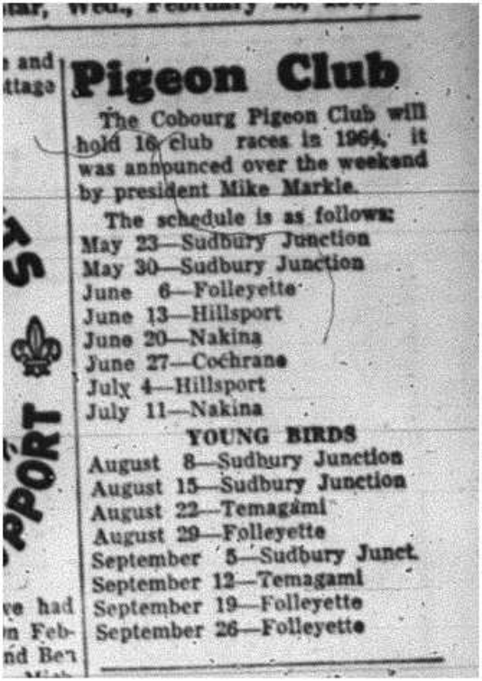 1964-02-26 Pigeon Racing -Cobourg Pigeon Club
