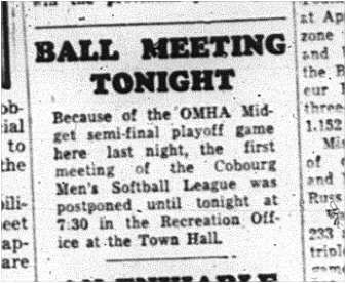 1964-03-18 Softball -Cobourg Mens Softball League -OMHA
