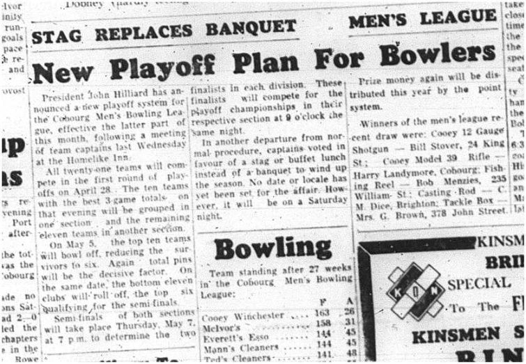 1964-04-08 Bowling -Cobourg Mens Bowling League -Playoff system