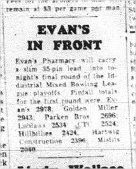 1964-04-29 Bowling - Mixed -Industrial Mixed League - Evans Pharmacy