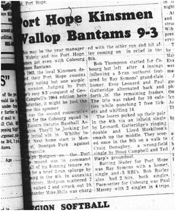 1964-05-27 Baseball - Mens - Cobourg Bantams Vs. Port Hope Kinsman