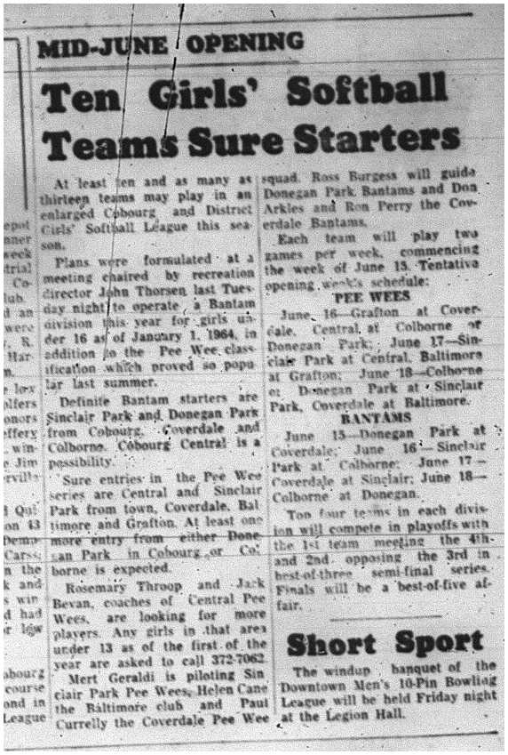 1964-06-03 Softball - Girls - Cobourg and District Girls Softball League