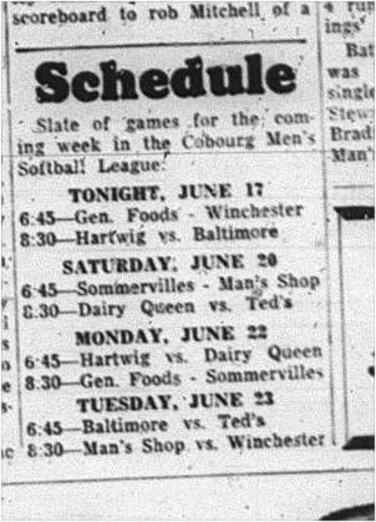 1964-06-17 Softball - Mens - Schedule