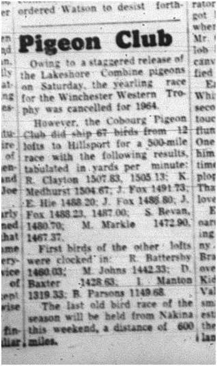 1964-07-08 Pigeon Racing - Mens - Cobourg Pigeon Club