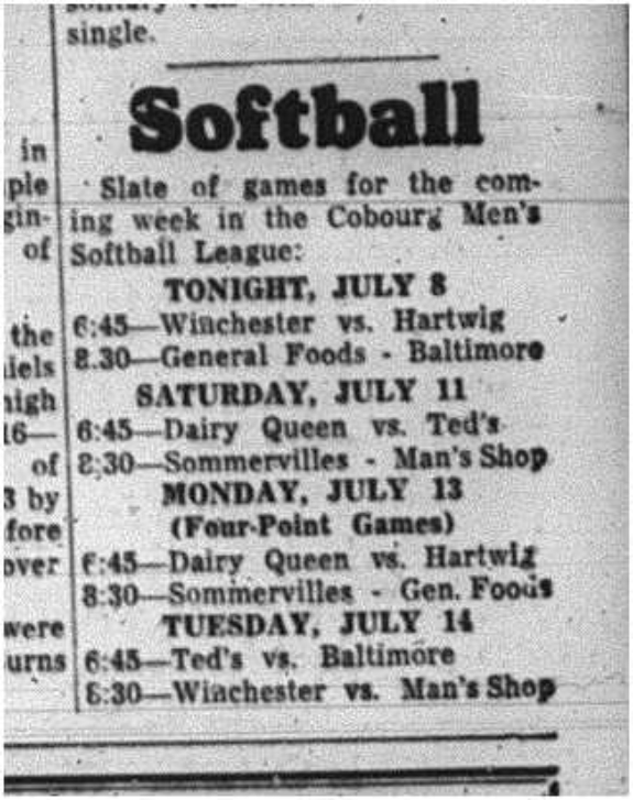 1964-07-08 Softball - Mens - Schedule