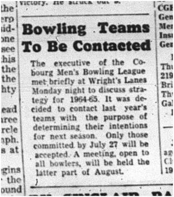 1964-07-15 Bowling - Mens - Wrights Lanes - Cobourg Mens Bowling League