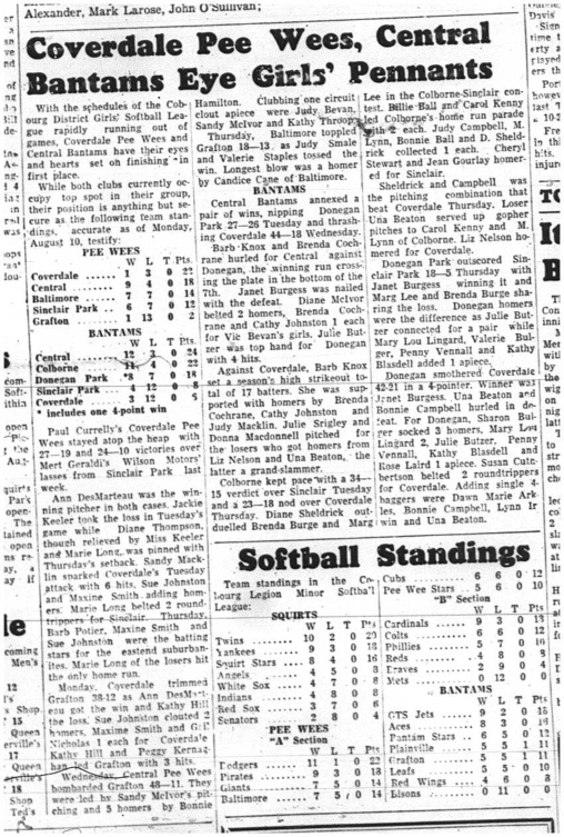 1964-08-12 Softball - Girls - Cobourg District Girls Softball League - Peewees - Bantams