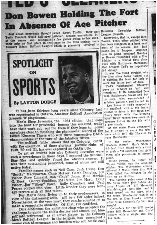 1964-08-12 Softball - Mens - Don Bowen - Ted`s Cleaners