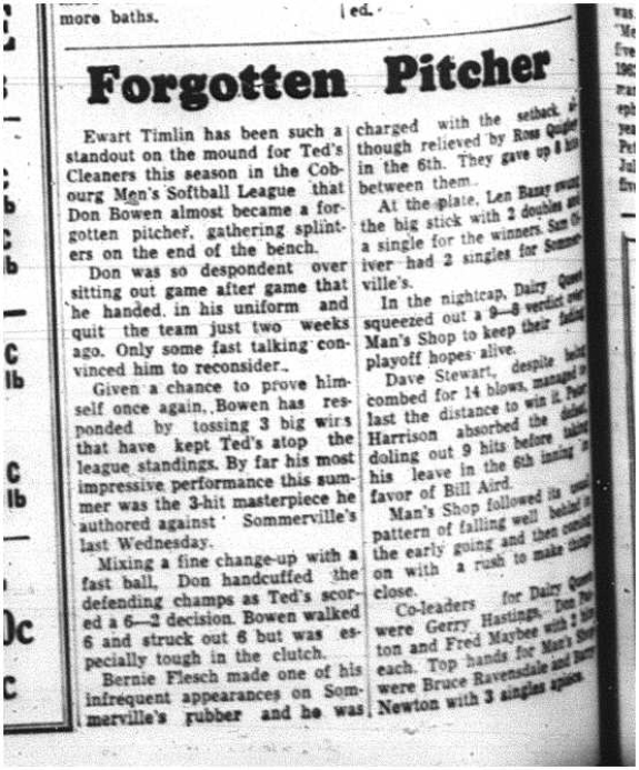 1964-08-12 Softball - Mens - Ewart Timlin - Cobourg Mens Softball League