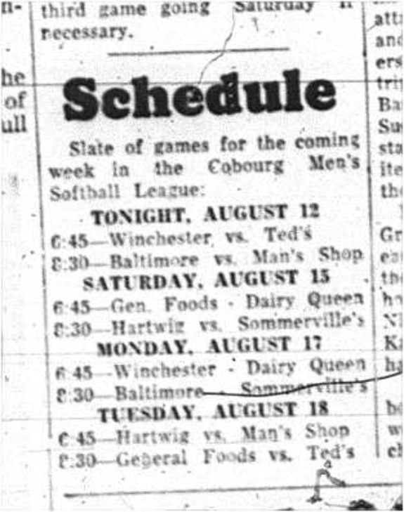 1964-08-12 Softball - Mens - Schedule - Coming Week