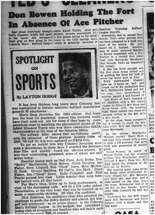 1964-08-12 Softball - Mens - Teds Cleaners - Cobourg Mens Softball League