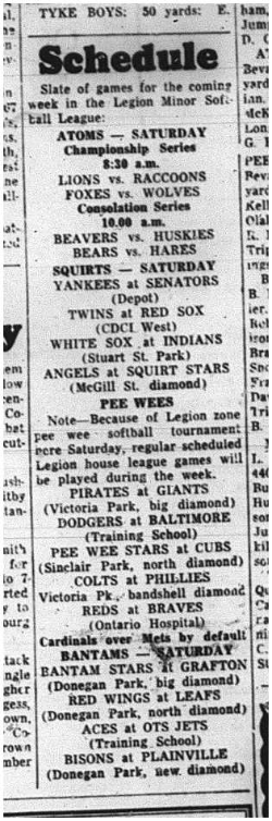 1964-08-19 Softball - Boys - Legion Minor Softball League - Schedule