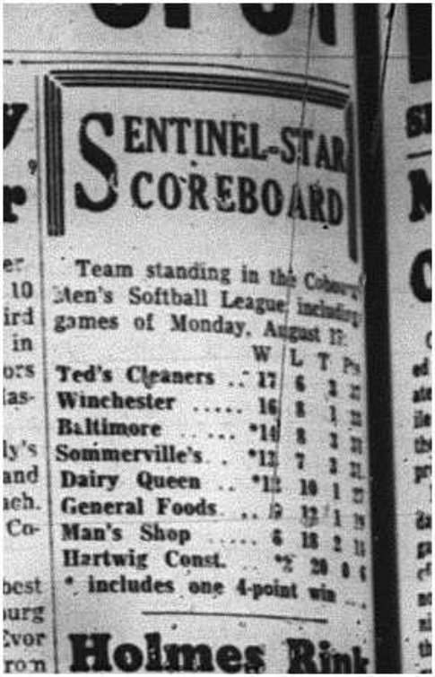 1964-08-19 Softball - Mens - Team Standings - Cobourg Mens Softball League