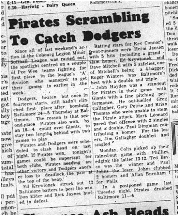 1964-08-26 Softball - Mens - Cobourg Legion Minor Softball League - Pirates Vs. Dodgers