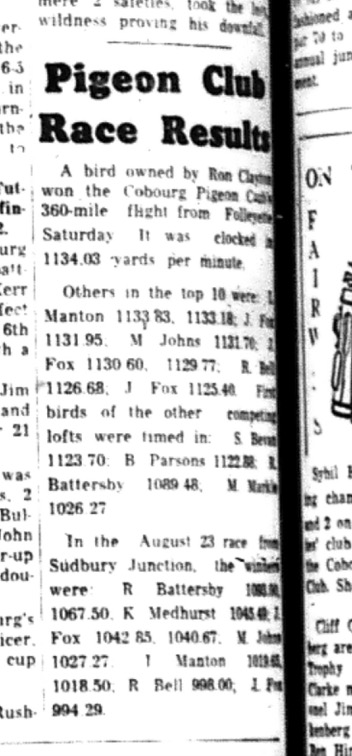 1964-09-02 Pigeon Racing - Cobourg Pigeon Club - Racing Results