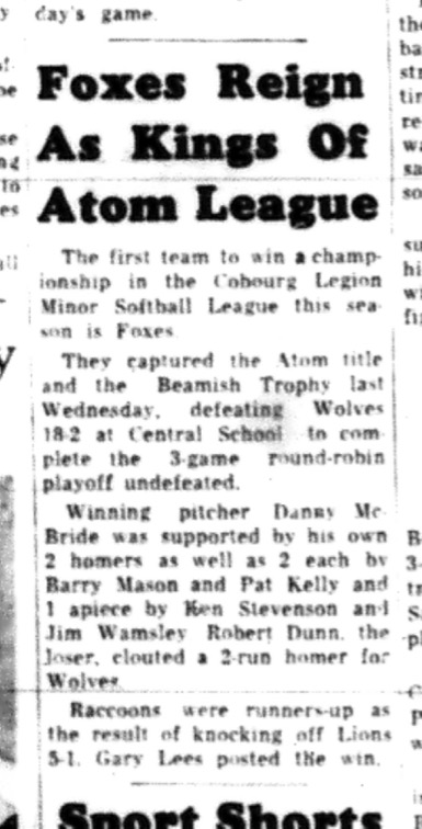 1964-09-02 Softball - Boys - Cobourg Legion Minor Softball League - Atom Title - Foxes