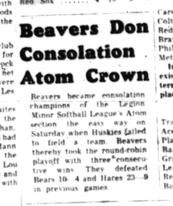 1964-09-02 Softball - Boys - Legion Minor Softball League - Atom Section - Beavers - Consolation Champions