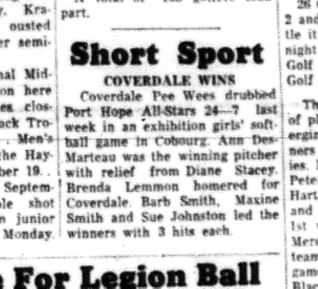 1964-09-02 Softball - Girls - Coverdale Peewees Vs. Port Hope All-Stars - Exhibition