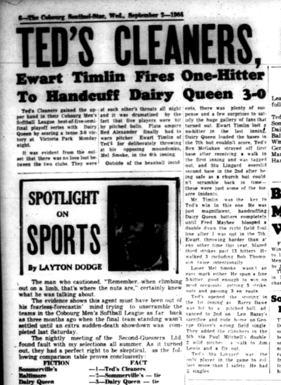1964-09-02 Softball - Mens - Cobourg Mens Softball League  - Teds Cleaners Vs. Dairy Queen - Ewart Timlin