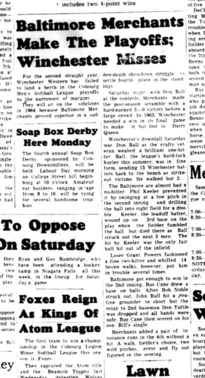 1964-09-02 Softball - Mens - Cobourg Mens Softball League - Baltimore Merchants - Playoffs