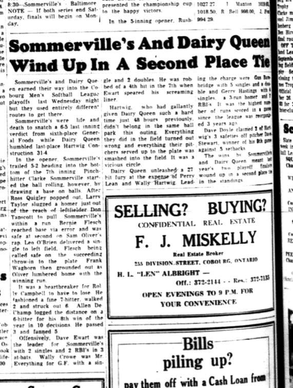 1964-09-02 Softball - Mens - Cobourg Mens Softball League - Sommervilles - Dairy Queen - Second Place Tie