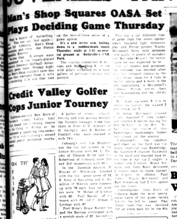 1964-09-02 Softball - Mens - Ontario Amateur Softball Association - Cobourg Mans Shop Vs. Picton