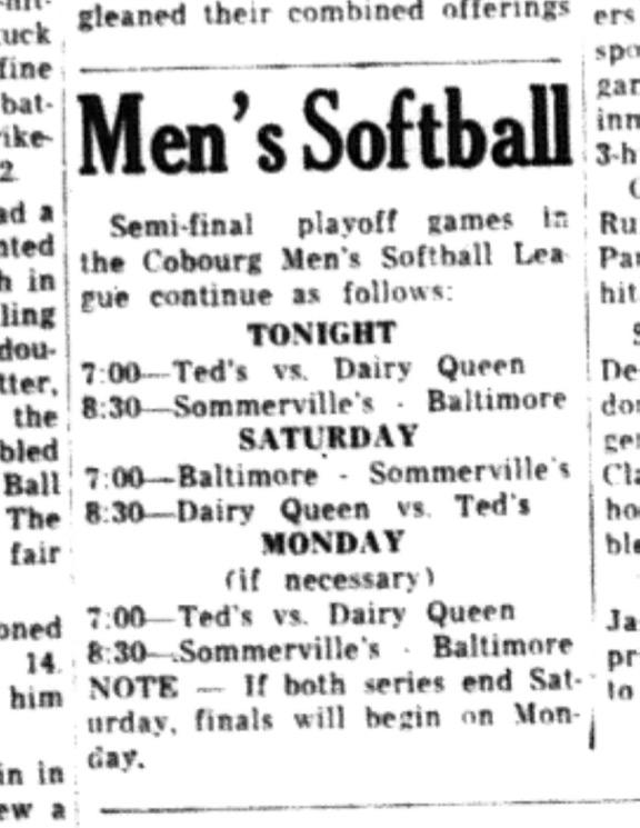 1964-09-02 Softball- Mens - Cobourg Mens Softball League - Schedule