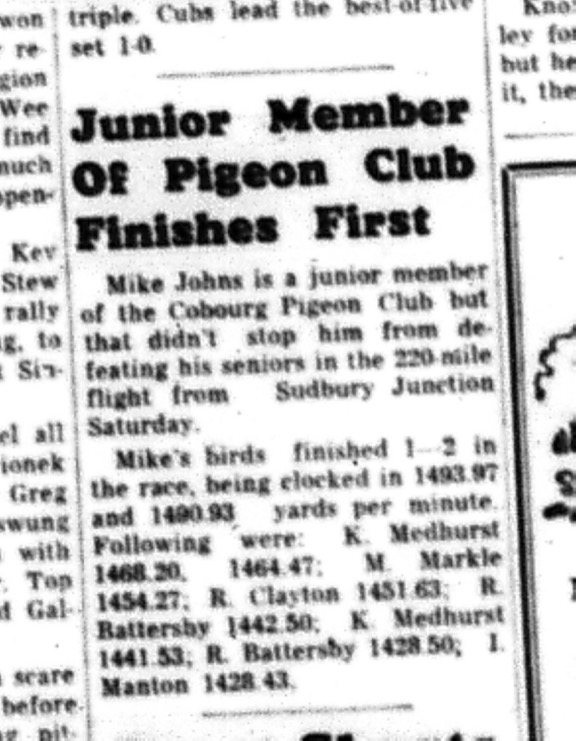 1964-09-09  Pigeon Racing - Mens - Mike Johns - Junior Member
