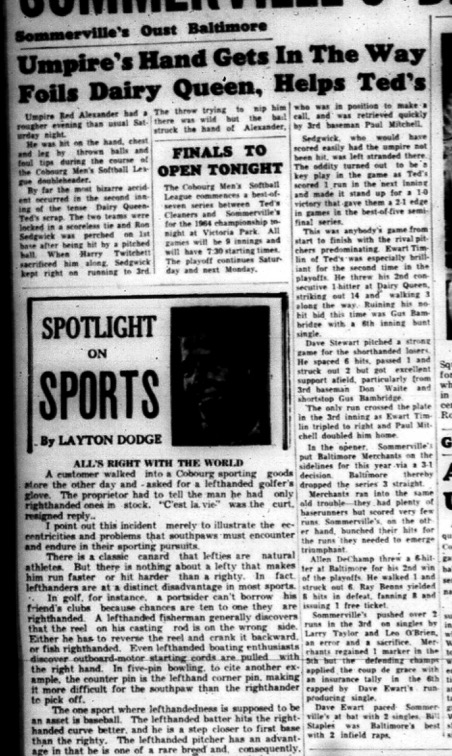 1964-09-09 Softball - Mens - Cobourg Mens Softball League - Doubleheader - Dairy Queen Vs. Teds