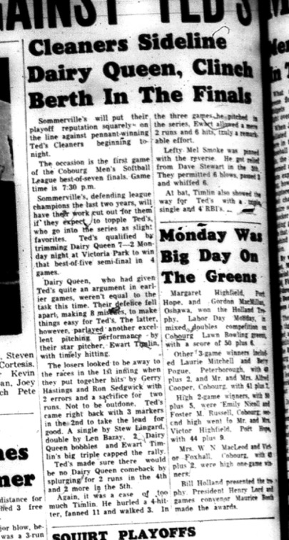 1964-09-09 Softball - Mens - Cobourg Mens Softball League - Sommervilles Vs. Teds Cleaners