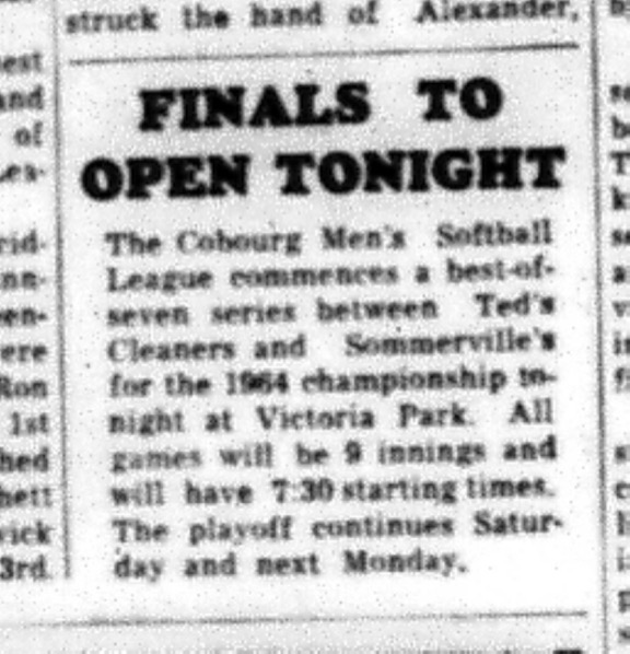 1964-09-09 Softball - Mens - Cobourg Mens Softball League - Teds Cleaners Vs. Sommervilles - Championship