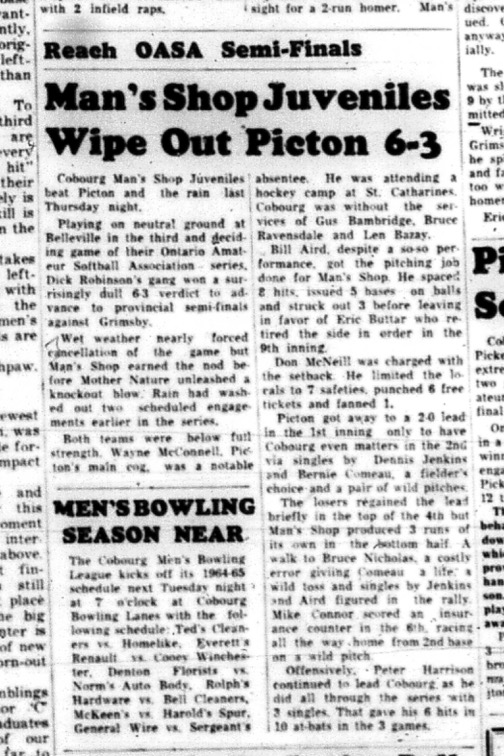 1964-09-09 Softball - Mens - Ontario Amateur Softball Association - Cobourg Mans Shop Vs. Picton - Juveniles