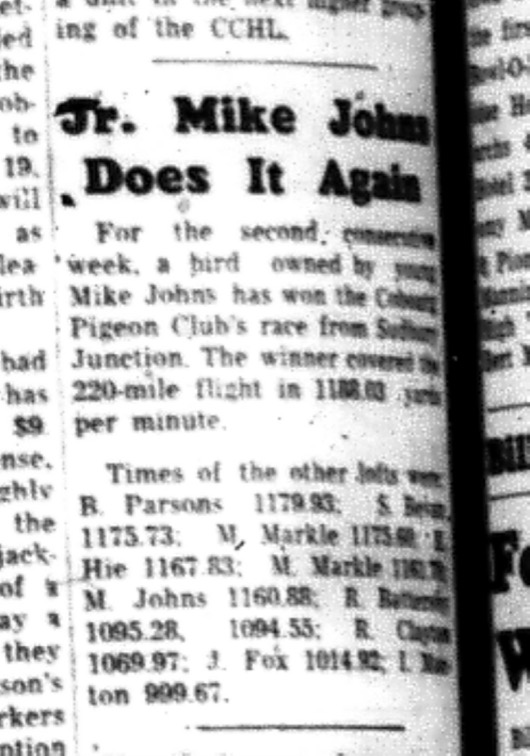 1964-09-16 Pigeon Racing - Mens - Cobourg Pigeon Club - Mike Johns