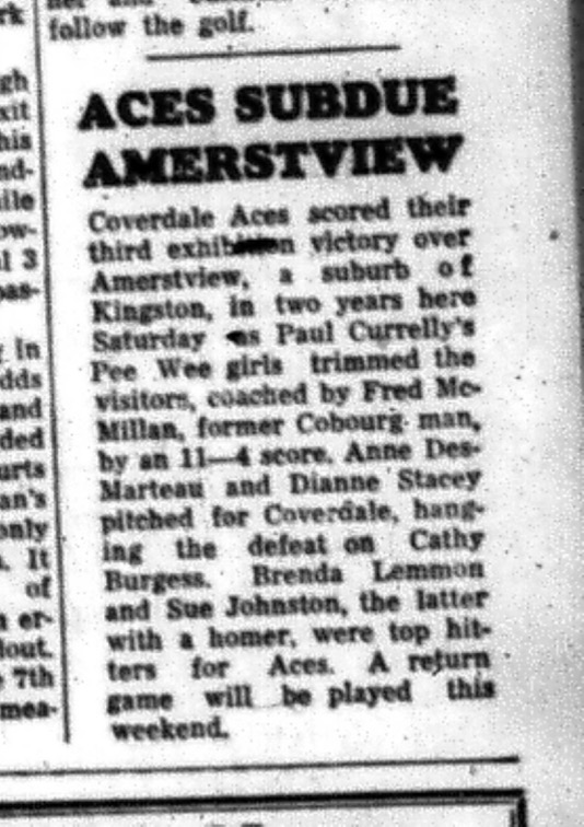 1964-09-16 Softball - Girls - Cobourg and District Girls Softball League - Coverdale Acres Vs. Amerstview