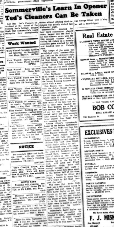 1964-09-16 Softball - Mens - Cobourg Mens League - Teds Cleaners Vs. Sommervilles - Championship Finals
