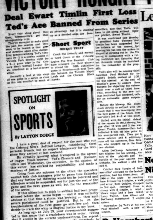 1964-09-16 Softball - Mens - Cobourg Mens Softball League - Teds Cleaners - Sommervilles