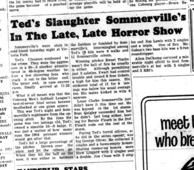 1964-09-16 Softball - Mens - Cobourg Mens Softball League - Teds Cleaners Vs. Sommervilles