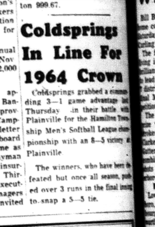 1964-09-16 Softball - Mens - Hamilton Township Mens Softball League - Championship - Coldsprings