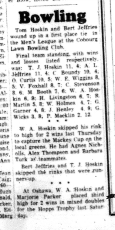 1964-09-23 Lawn Bowling - Mens - Cobourg Lawn Bowling Club - Tom Hoskin - Bert Jeffries