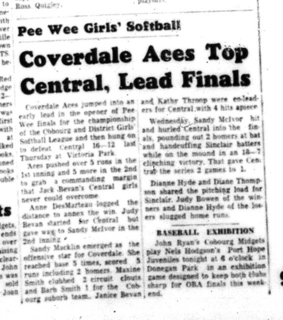 1964-09-23 Softball - Girls - Cobourg and District Girls Softball League - Coverdale Aces Vs. Central