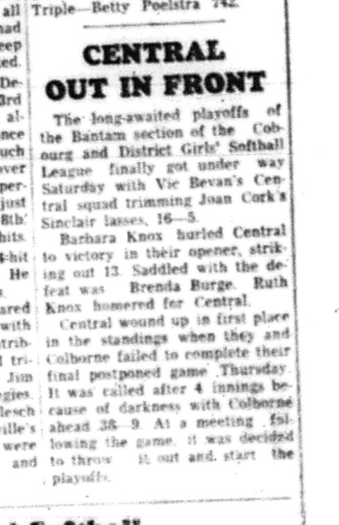 1964-09-23 Softball - Girls - Cobourg and District Girls_ Softball League - Bantam Playoffs