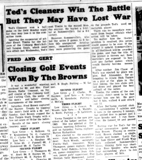 1964-09-23 Softball - Mens - Cobourg Mens Softball League - Teds Cleaners Win