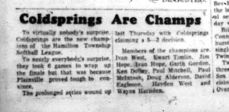 1964-09-23 Softball - Mens - Hamilton Township Softball League - Coldsprings - Champions
