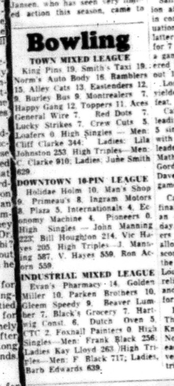 1964-09-30 Bowling - Town Mixed Leagues - Results