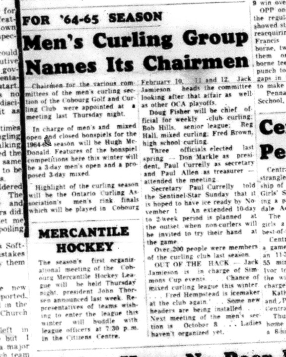 1964-09-30 Curling - Mens - Cobourg Golf and Curling Club - Hugh McDonald - Chairmen