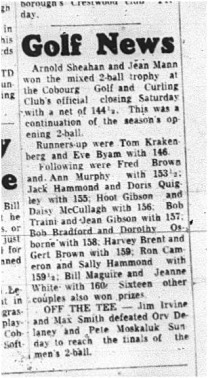 1964-09-30 Golf - Cobourg Golf and Curling Club - Arnold Sheahan - Jean Mann - Mixed 2-Ball Trophy
