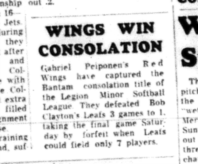 1964-09-30 Softball - Boys - Legion Minor Softball League - Red Wings - Bantam Consolation Title