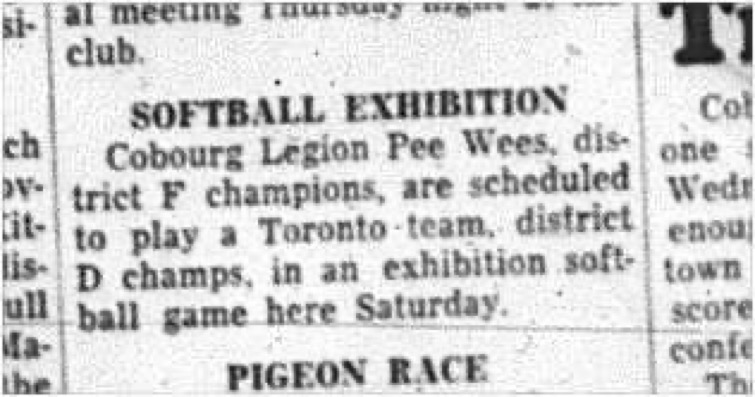 1964-10-07 Softball - Boys - Cobourg Legion Peewees District F Champs Vs. Toronto  District D Champs - Exhibition Game