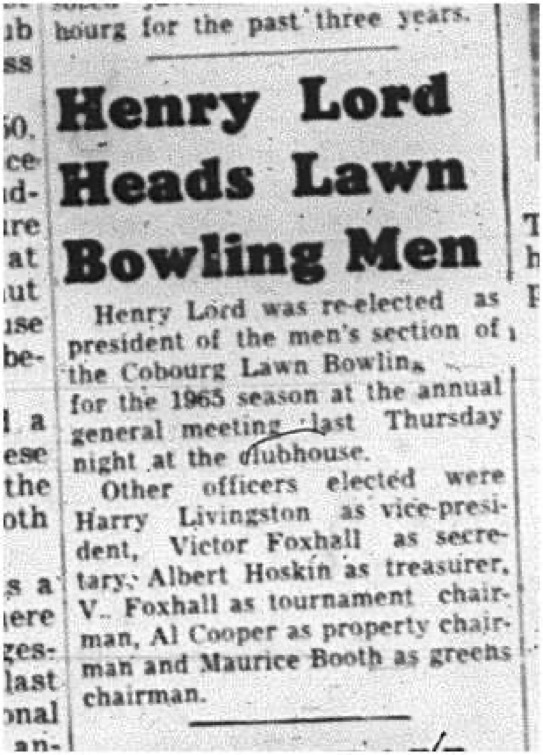 1964-10-14 Lawn Bowling - Mens - Cobourg Lawn Bowling Club - Henry Lord - President